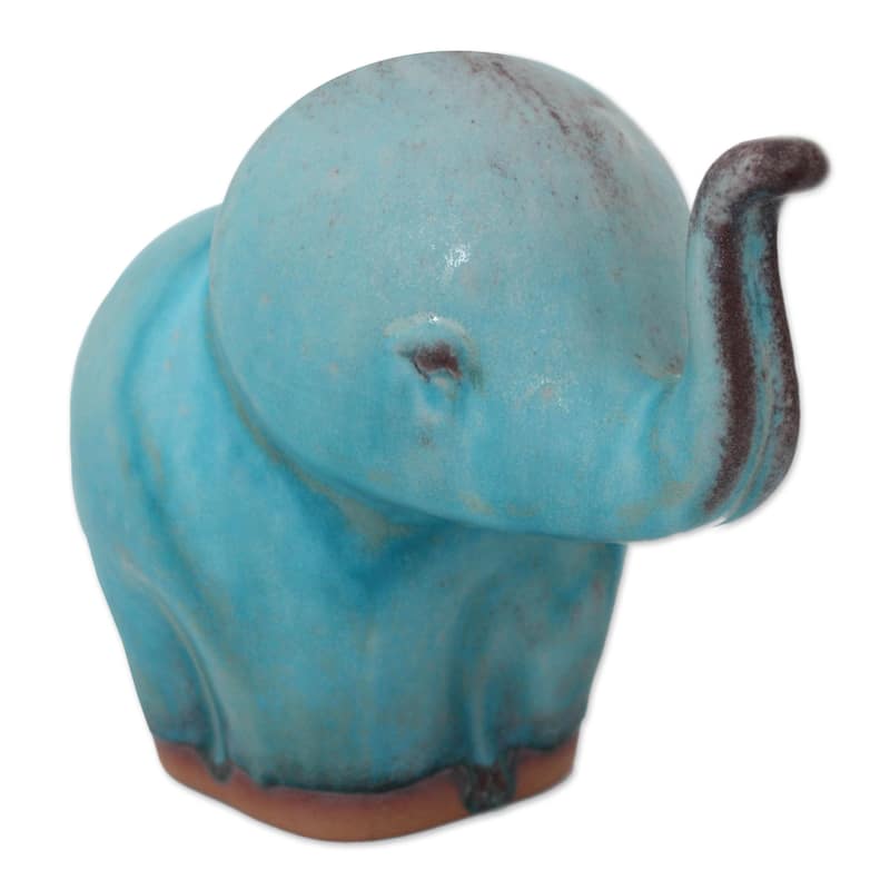 Handmade Ceramic 'Turquoise Elephant Child' Celadon Statuette (Thailand)
