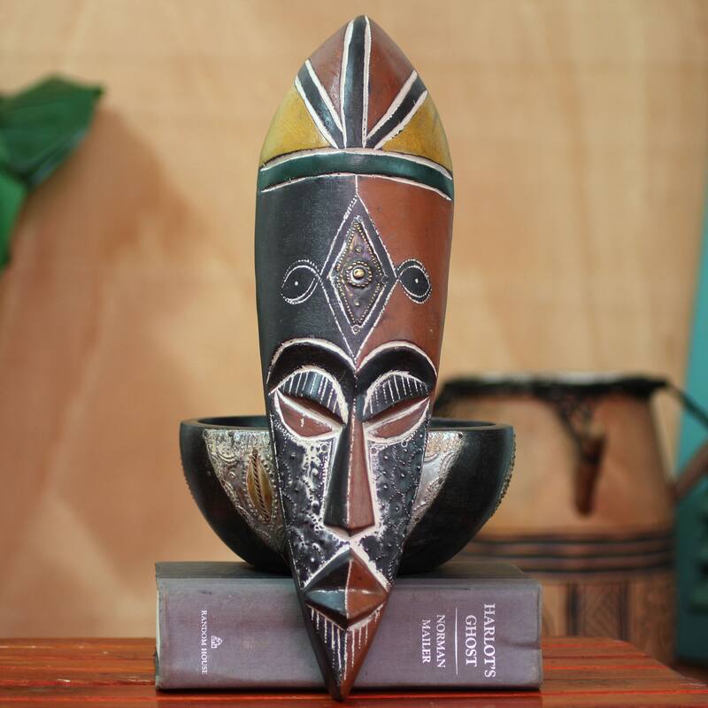 Handmade Rubberwood 'Maigaya' Mask (Ghana) - Multi-color