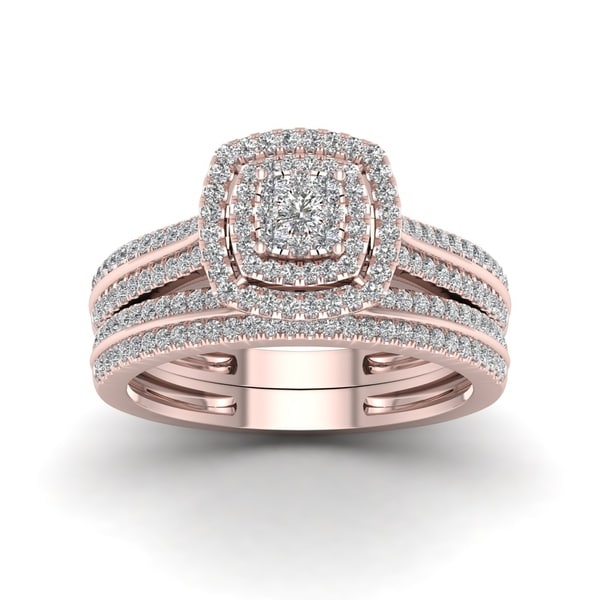 De Couer 14k Rose Gold 1/2ct TDW Diamond Cluster Halo Bridal Set - Pink