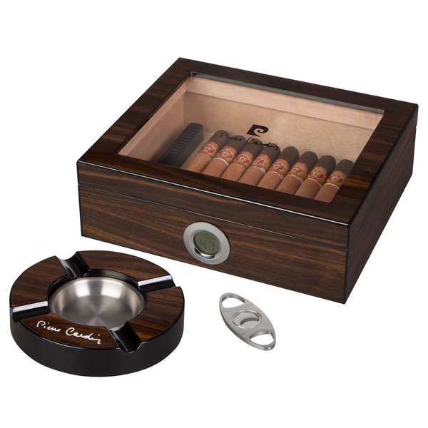 Pierre Cardin Bastrop Glass Top Cigar Humidor Gift Set Holds 50 Cigars