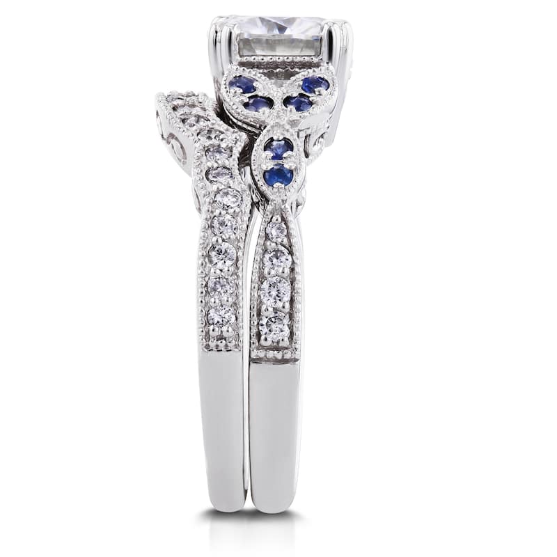 Annello by Kobelli 14k White Gold Moissanite Blue Sapphire and 1/4ct TDW Diamond Vintage Floral Bridal Set (G-H