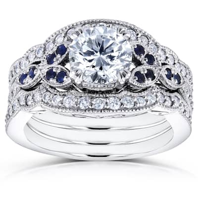 Annello by Kobelli 14k White Gold 1 1/2ct TDW Diamond and Blue Sapphire Vintage Floral 3-Piece Bridal Set (H-I,