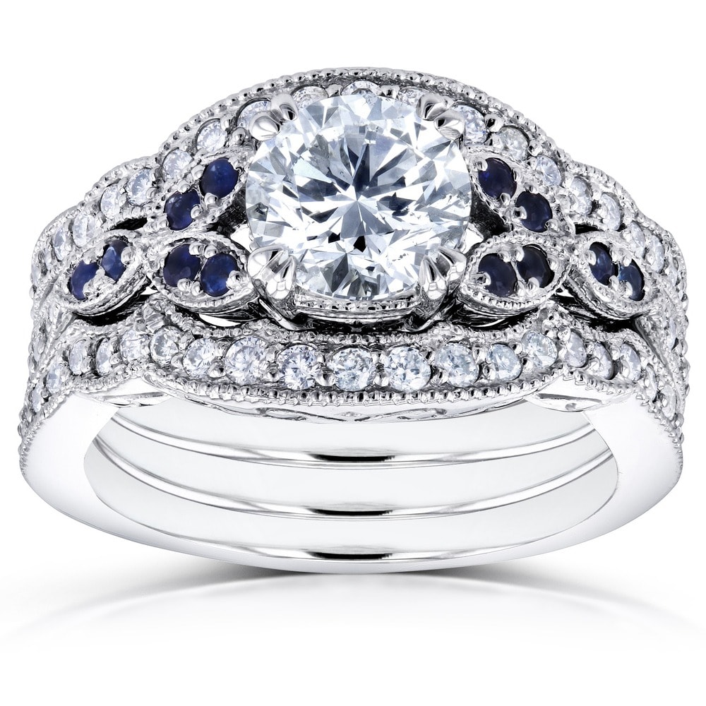 Kobelli 1.6 Carats Natural Diamond & Blue Sapphire Solid 14k White Gold Floral Vintage Style Iris 3pc Bridal Set