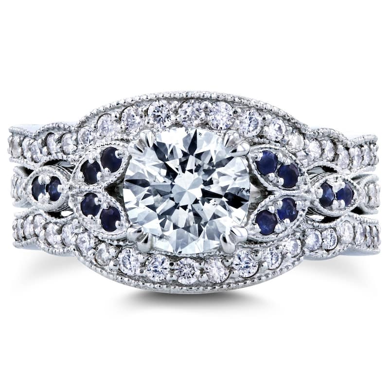 Annello by Kobelli 14k White Gold 1 1/2ct TDW Diamond and Blue Sapphire Vintage Floral 3-Piece Bridal Set (H-I,