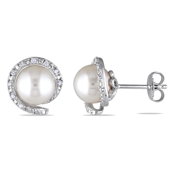 Miadora Sterling Silver Cultured Freshwater Pearl and 1/10ct TDW Diamond Halo Loop Earring (H-I, I3) (8-8.5mm) - White. Opens flyout.