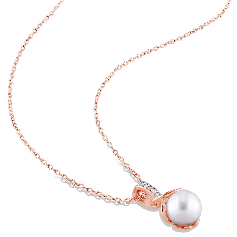 Miadora Rose Plated Sterling Silver Cultured Pearl 1/10ct TDW Diamond Necklace and Leverback Earrings Set (G-H,I2-I3)(8-8.5mm)