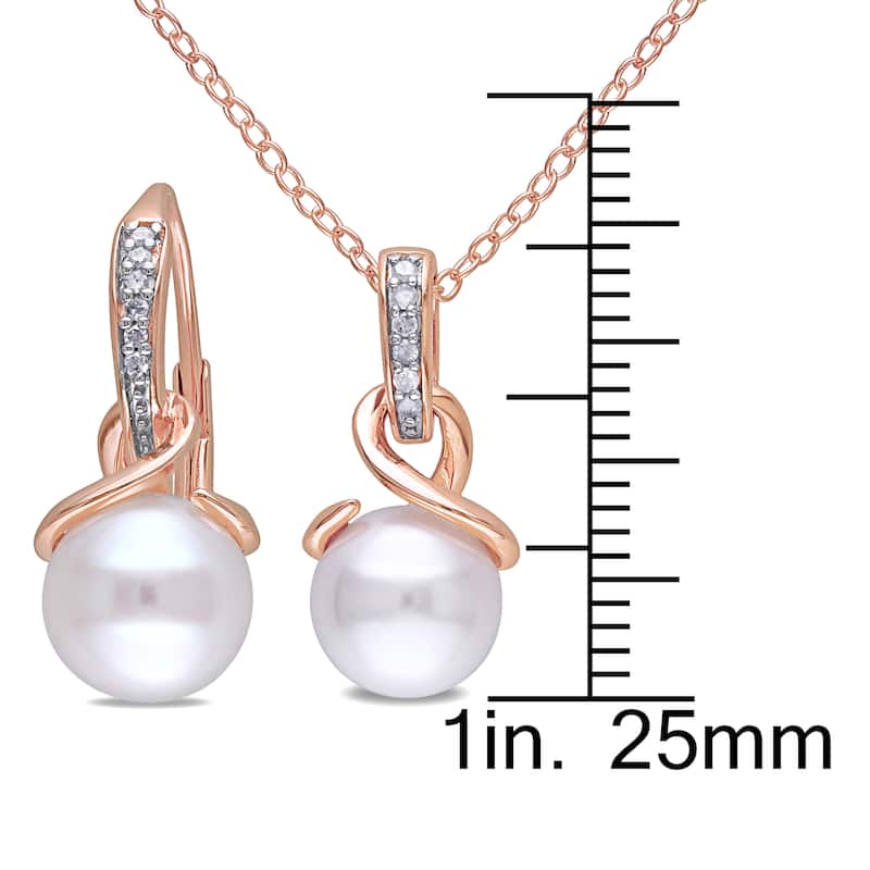 Miadora Rose Plated Sterling Silver Cultured Pearl 1/10ct TDW Diamond Necklace and Leverback Earrings Set (G-H,I2-I3)(8-8.5mm)