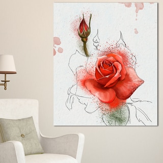 Designart 'Red Watercolor Rose Sketch' Floral Canvas Artwork Print ...