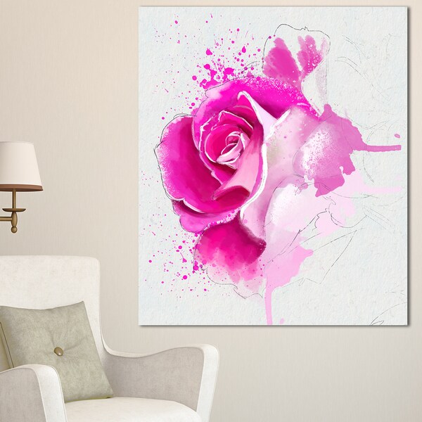 Designart 'Bright Pink Rose Flower Watercolor' Flowers Canvas Wall ...