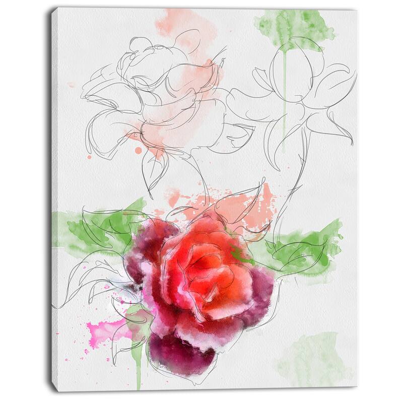 Designart "Beautiful Rose with Rose Sketches" Floral Canvas Artwork Print - White
