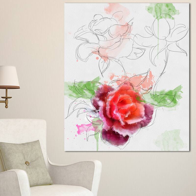 Designart "Beautiful Rose with Rose Sketches" Floral Canvas Artwork Print - White - 16 in. wide x 32 in. high