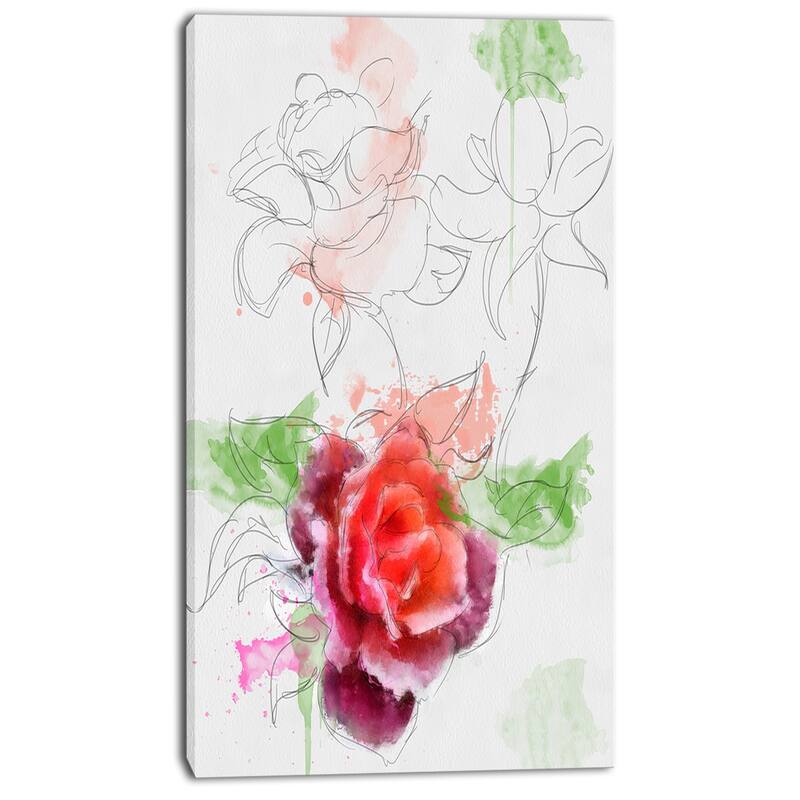 Designart "Beautiful Rose with Rose Sketches" Floral Canvas Artwork Print - White
