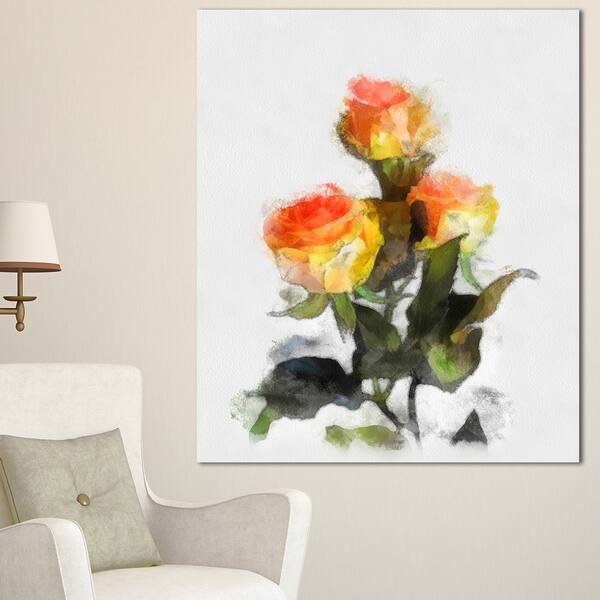 Designart 'Hand-drawn Yellow and Red Roses' Extra Large Floral Canvas ...