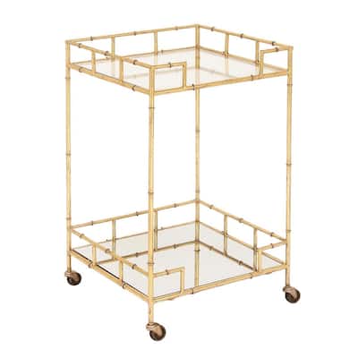 Gold Leaf Gold-tone Glass/Metal 2-shelf Square Mirror Mobile Bar Cart