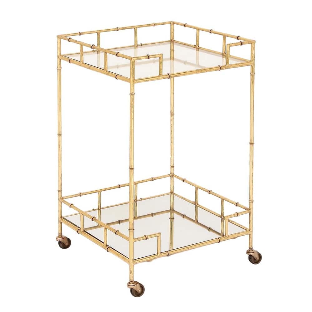 Gold Leaf Gold-tone Glass/Metal 2-shelf Square Mirror Mobile Bar Cart