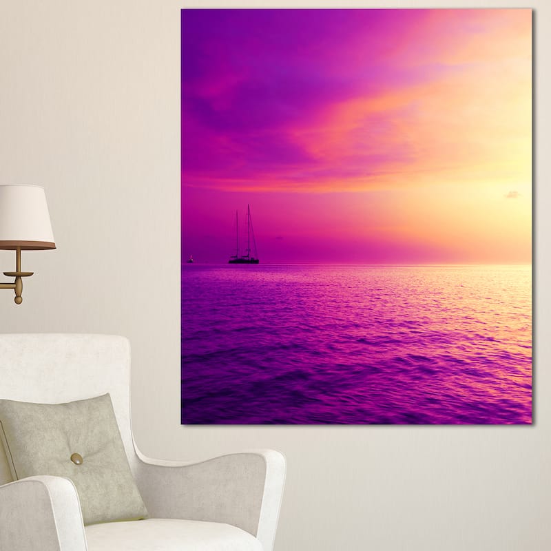 Designart "Purple Sea in Maldives At Sunset" Large Seashore Canvas Print - 30 in. wide x 40 in. high