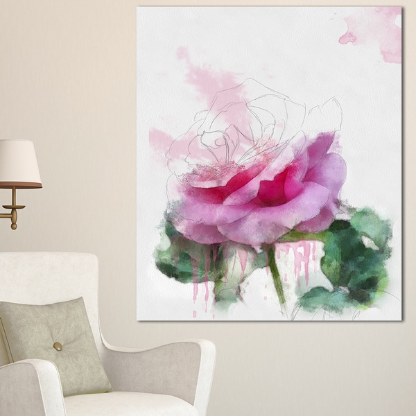 Designart 'Pink Rose Stem with Paint Splashes' Large Floral Canvas ...
