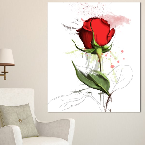 Designart 'Red Rose Hand-drawn Illustration ' Modern Floral Canvas Wall ...