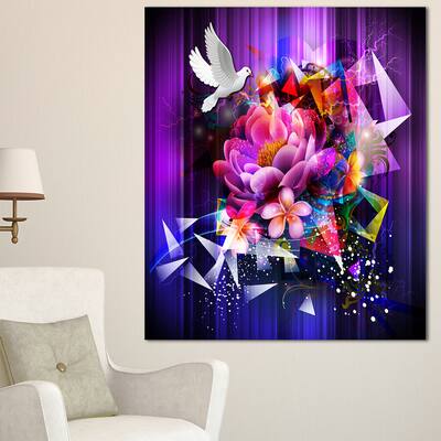Designart "Abstract Floral Design with Dove" Floral Wall Artwork Print on Canvas - Purple