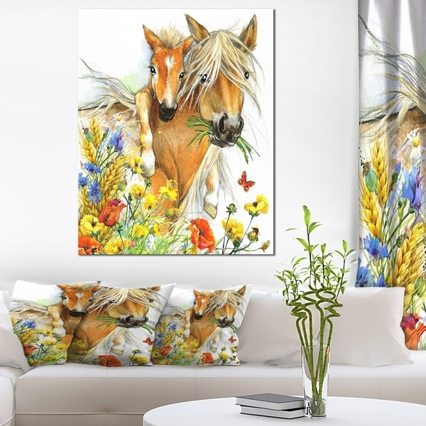 Designart 'Horse and Foal with Flowers' Extra Large Animal Artwork - YELLOW