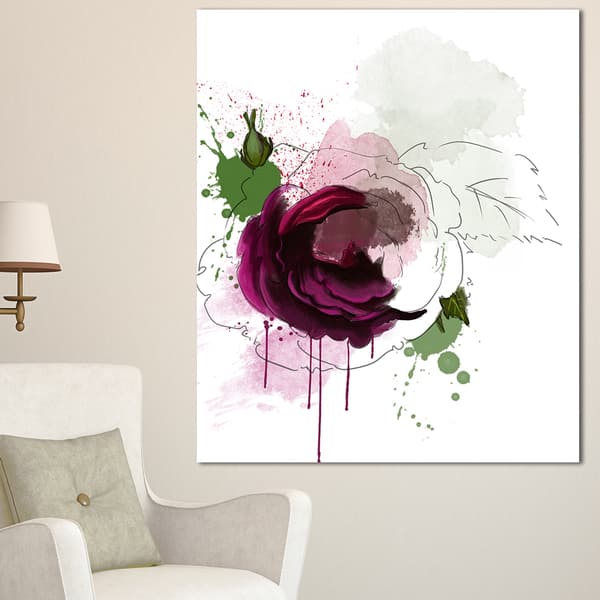 Designart 'Purple Rose Sketch Watercolor' Modern Floral Canvas Wall Art