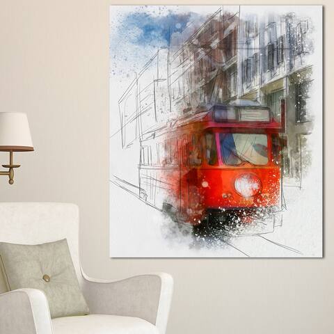 Designart 'Red Trolley Car Watercolor Sketch' Large Cityscape Artwork Print on Canvas
