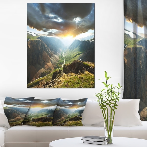 Designart 'Clouds Touching Mountains At Sunset' Oversized Landscape Canvas Art - Green