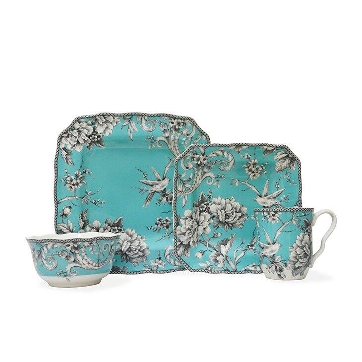 222 Fifth Adelaide 16-Piece Porcelain Dinnerware Set, Turquoise