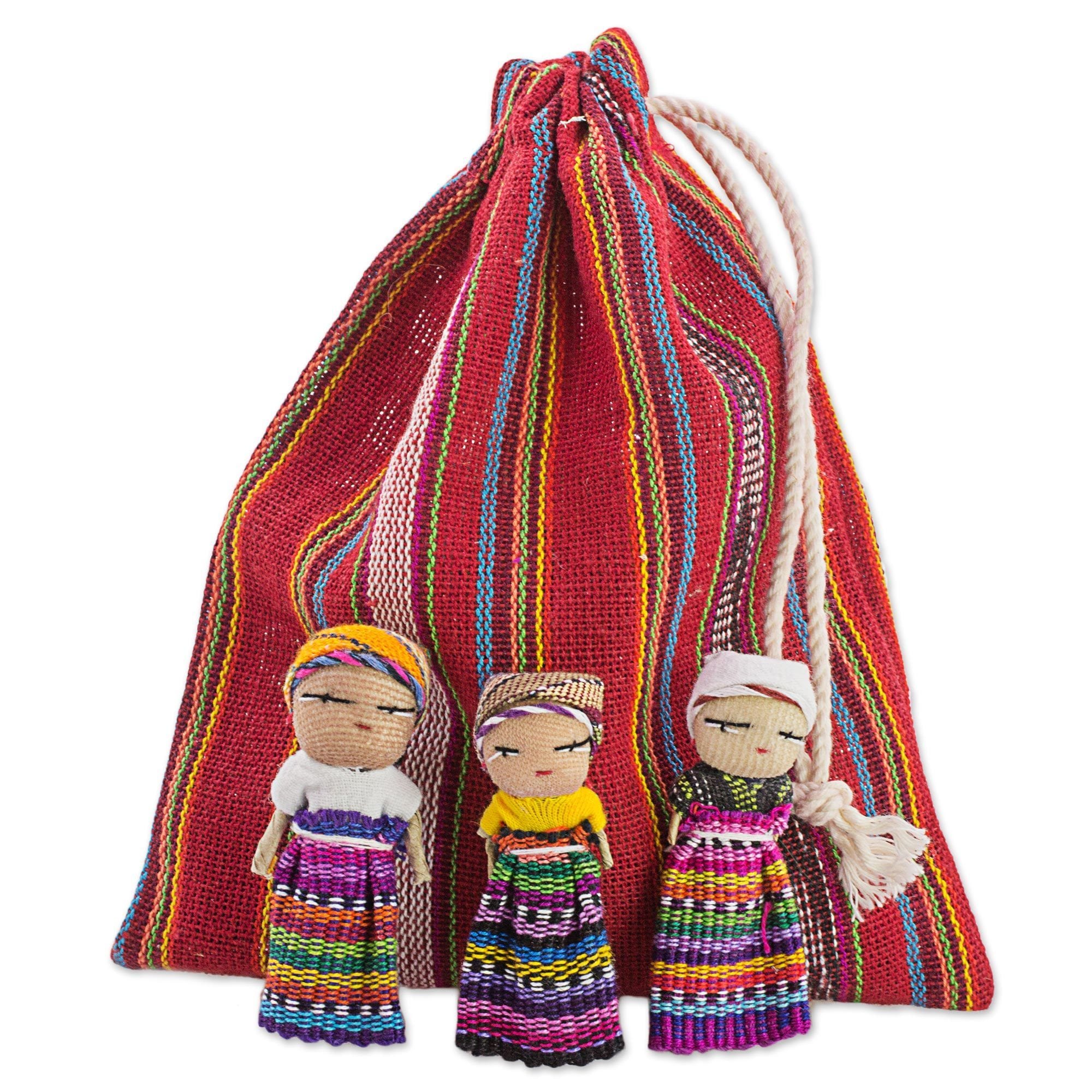 NOVICA Traditional Handmade Worry Dolls from Guatemala with Cotton Storage Bag, 2.5 inch, The Worry Doll Gang (Set of 12)