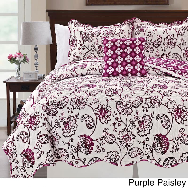 Printed Paisley Flower 4-piece Reversible Quilted Coverlet Set