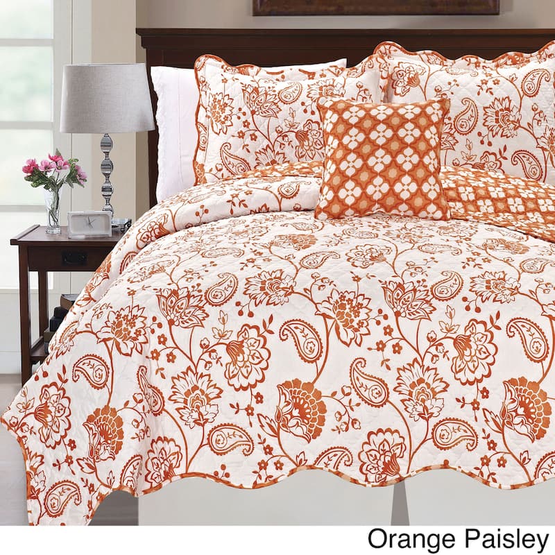 Printed Paisley Flower 4-piece Reversible Quilted Coverlet Set