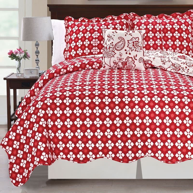 Printed Paisley Flower 4-piece Reversible Quilted Coverlet Set