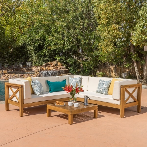 Brava Outdoor 4 Piece Wood Sectional Set W Cushions By Brava Outdoor 4 Piece Wood Sectional Set W Cushions By Christopher Knight Home