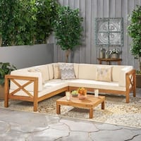 Brava Outdoor 4-Piece Wood Sectional Set w/ Cushions by Christopher Knight Home