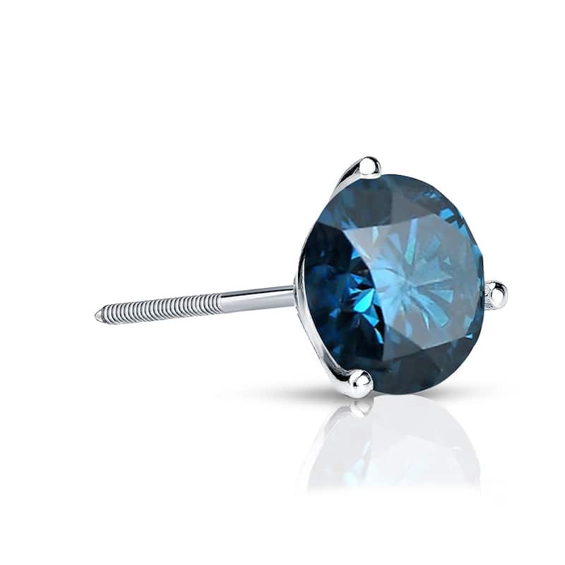 Auriya 1/2ctw 3-Prong Martini Round Blue Diamond SINGLE (1) Stud Earring 14k Gold - White