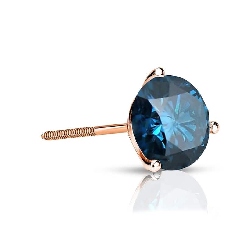 Auriya 1/2ctw 3-Prong Martini Round Blue Diamond SINGLE (1) Stud Earring 14k Gold