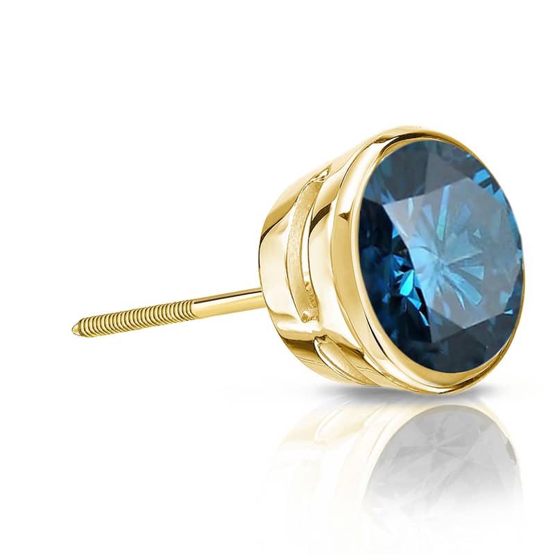 Auriya 14k Gold 1ct TDW Bezel-Set Round SINGLE (1) Blue Diamond Stud Earring