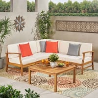 Perla  Outdoor 5 Seater V Shaped Acacia Wood Sectional Sofa Set with Coffee Table