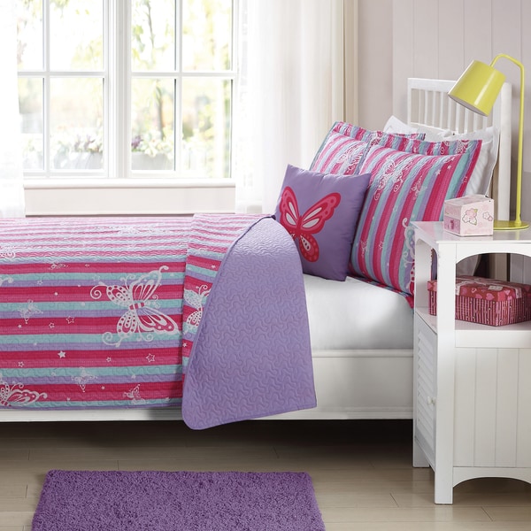 Laura Hart Kids Butterfly Striped Quilt Set with Decorative Pillow