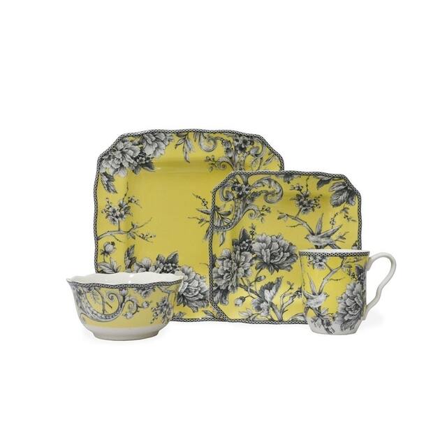 222 Fifth Adelaide 16-Piece Porcelain Dinnerware Set with Square Dishes, Yellow