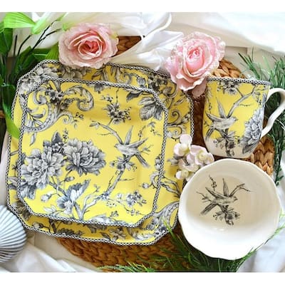 222 Fifth Adelaide 16-Piece Porcelain Dinnerware Set with Square Dishes, Yellow