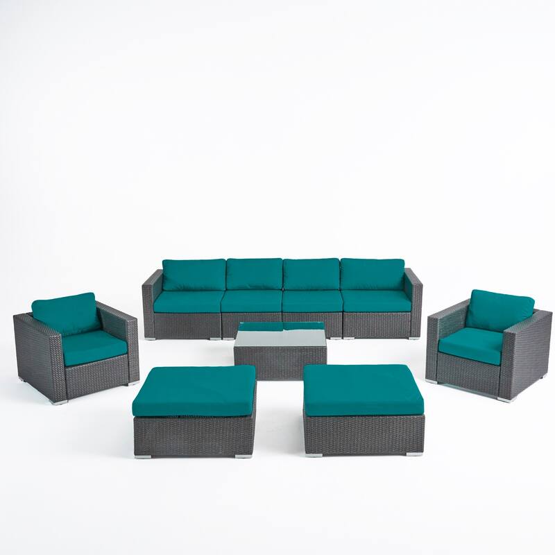 Santa Rosa Outdoor Wicker 9-Piece Sectional Sofa with Cushions - Gray/Sunbrella Canvas Teal