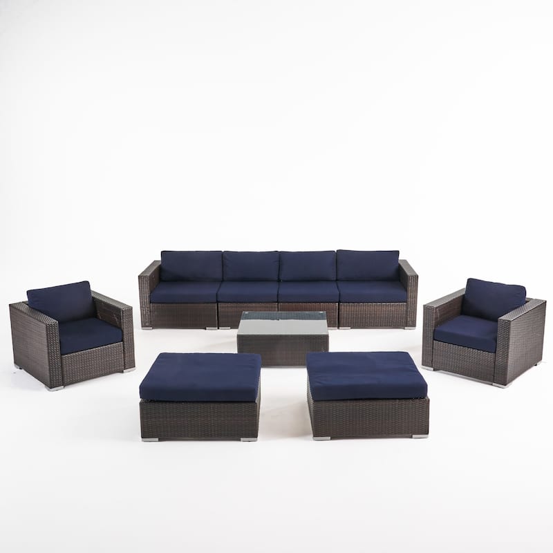 Santa Rosa Outdoor Wicker 9-Piece Sectional Sofa with Cushions - Multibrown/Sunbrella Canvas Navy