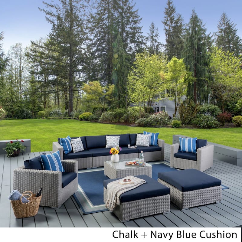 Santa Rosa Outdoor Wicker 9-Piece Sectional Sofa with Cushions - Chalk + Navy Blue Cushion