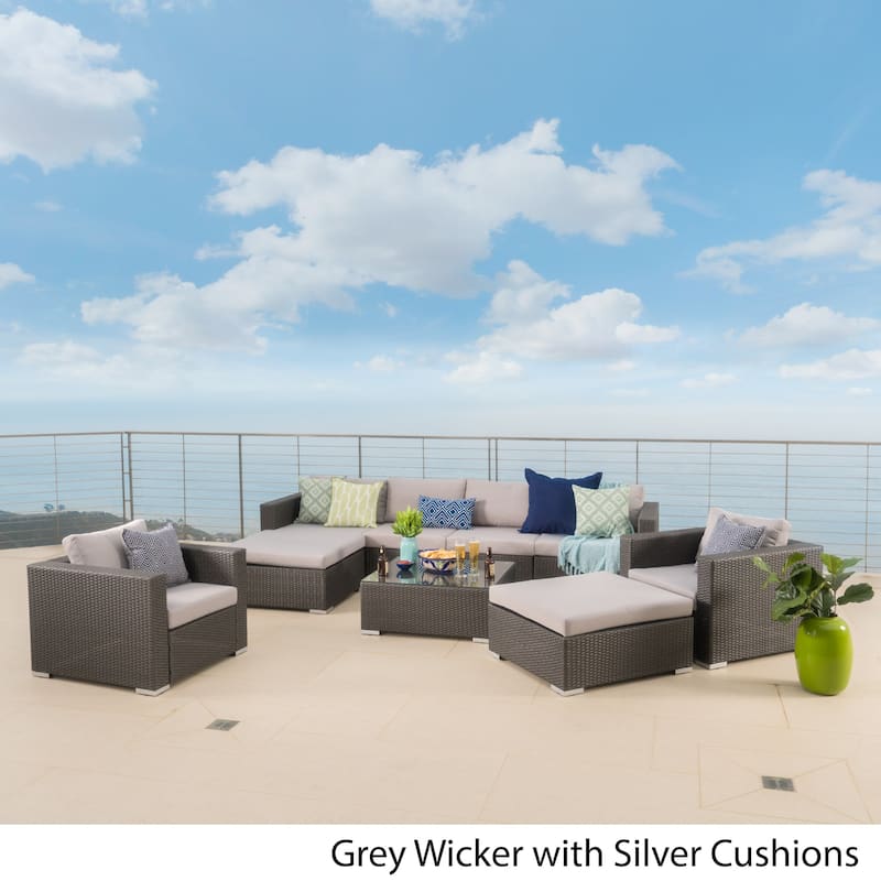 Santa Rosa Outdoor Wicker 9-Piece Sectional Sofa with Cushions by Christopher Knight Home - Grey/Silver