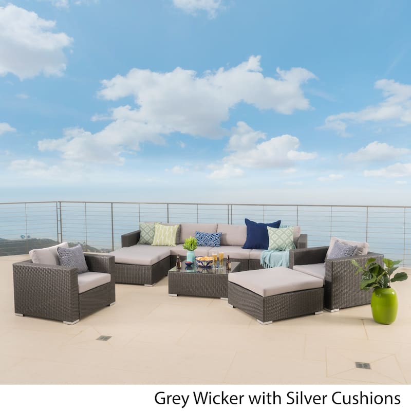 Santa Rosa Outdoor Wicker 9-Piece Sectional Sofa with Cushions - Grey/Silver