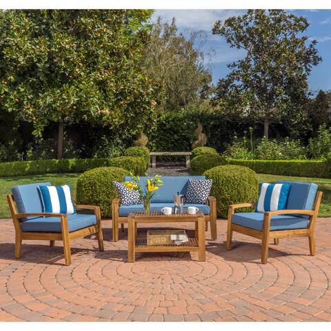 Grenada 4-piece Outdoor Wood Chat Set with Cushions by Christopher Knight Home