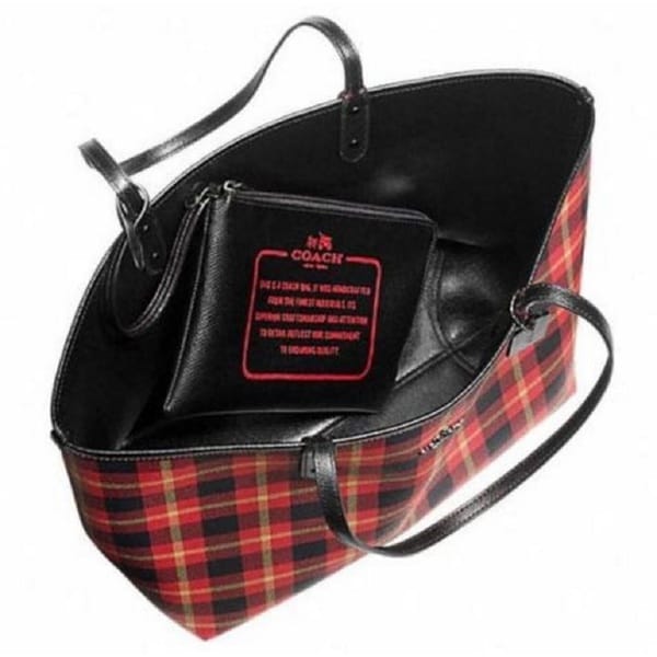 red and black plaid coach purse