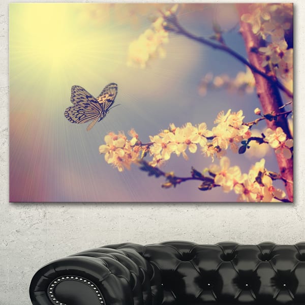 Shop Designart Vintage Butterfly And Cherry Tree Modern Flower