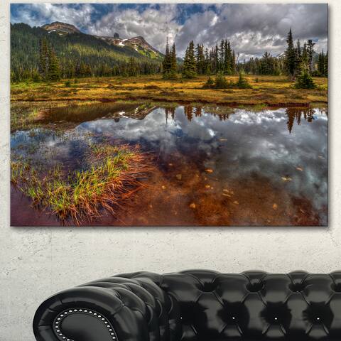 Designart "Clear Lake Mirroring Cloudy Skies" Extra Large Landscape Art Canvas - Green